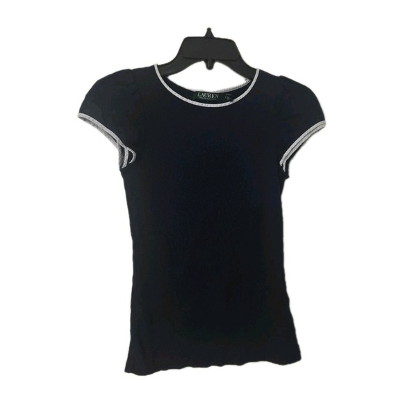 Lauren Ralph Lauren Cap Sleeve Top Womens Navy SMALL Ribbbed Knit Body Nautical - Picture 1 of 3